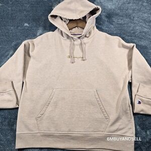 Champion Women's Beige Pullover Hoodie Gold Logo Drawstring Pocket Size M